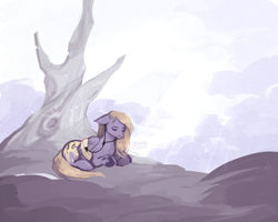 Size: 1250x1000 | Tagged: safe, artist:gliese581c, oc, oc only, pegasus, pony, bandage, cloud, cloudy, crepuscular rays, dead tree, earbuds, eyes closed, floppy ears, lying down, pegasus oc, phone, sad, solo, tree