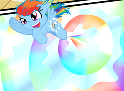 Size: 788x579 | Tagged: safe, artist:becauseimpink, rainbow dash, pegasus, pony, comic:transition, g4, the cutie mark chronicles, artist interpretation, cropped, female, filly, filly rainbow dash, flying, looking up, sky, solo, sonic rainboom, windswept mane, younger
