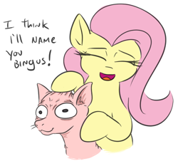 Size: 542x491 | Tagged: safe, artist:jargon scott, fluttershy, cat, earth pony, pegasus, pony, g4, bingus, eyes closed, female, hairless, mare, petting, simple background, sphynx cat, whiskers, white background