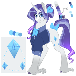 Size: 3000x3000 | Tagged: safe, artist:gingygin, rarity, pony, unicorn, g4, alternate cutie mark, alternate hairstyle, bow, clothes, female, high res, mare, older, older rarity, reference sheet, shirt, simple background, skunk stripe, solo, tail bow, white background