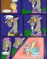 Size: 540x675 | Tagged: safe, artist:cocolove2176, discord, fluttershy, draconequus, pegasus, pony, comic:fluttering chaos, g4, abstract background, blushing, bust, chest fluff, clothes, colored hooves, dialogue, dress, female, gala dress, hat, male, mare, offscreen character, suit