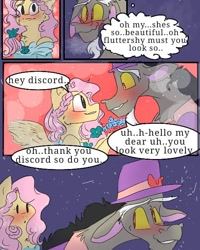 Size: 540x676 | Tagged: safe, artist:cocolove2176, discord, fluttershy, draconequus, pegasus, pony, comic:fluttering chaos, g4, abstract background, blushing, bust, chest fluff, clothes, colored hooves, dialogue, dress, female, gala dress, hat, male, mare, offscreen character, suit
