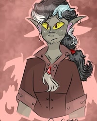 Size: 540x675 | Tagged: safe, artist:cocolove2176, discord, draconequus, anthro, g4, abstract background, bust, clothes, ear piercing, earring, jewelry, male, piercing, solo