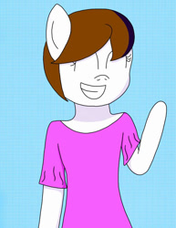 Size: 720x931 | Tagged: safe, artist:fruiitypieq, artist:shycookieq, oc, oc only, earth pony, anthro, blue background, bust, clothes, earth pony oc, grin, simple background, smiling, solo, waving