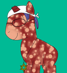 Size: 720x779 | Tagged: safe, artist:fruiitypieq, artist:shycookieq, oc, oc only, oc:georgison, pony, unicorn, broken horn, eyes closed, green background, horn, jewelry, necklace, palindrome, simple background, smiling, solo, star of david, unicorn oc