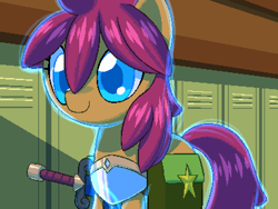 Size: 800x600 | Tagged: safe, artist:rangelost, oc, oc only, oc:trailblazer, earth pony, pony, cyoa:d20 pony, armor, bag, female, glowing, indoors, lockers, magic, mare, pixel art, saddle bag, solo, standing, sword, weapon