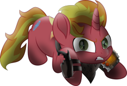 Size: 5292x3574 | Tagged: safe, artist:php178, derpibooru exclusive, oc, oc:fire brander, pony, unicorn, fallout equestria, my little pony: the movie, .svg available, absurd resolution, angry, bandana, crouching, cutie mark, gritted teeth, growling, gun, handgun, highlights, holster, horn, inkscape, insanity, logo, looking at you, lore in description, male, mane, movie accurate, murderer, owner, pipbuck, pipbuck 3000, pistol, ponified, raider, revolutionist, revolver, shading, shrunken pupils, slit pupils, snarling, stallion, stallion oc, straps, svg, tail, unicorn oc, vector, weapon