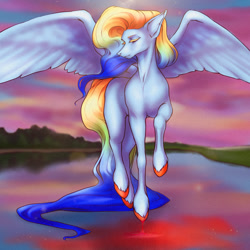 Size: 1280x1280 | Tagged: safe, artist:sumcer, rainbow dash, pegasus, pony, g4, alternate design, colored hooves, female, lake, long tail, mare, sky, solo, spread wings, wings