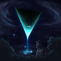 Size: 3000x3000 | Tagged: safe, artist:t72b, star dancer, alien, earth pony, pony, g4, cloud, female, floating, floppy ears, flying, forest, glowing, high res, mare, night, obelisk, scared, shocked, sky, solo, star dancer appreciation collab, stars, ufo