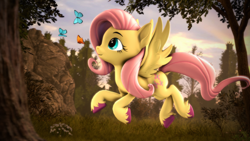 Size: 3840x2160 | Tagged: safe, artist:psfmer, fluttershy, butterfly, pegasus, pony, g4, 3d, female, flying, high res, mare, revamped ponies, solo, source filmmaker, unshorn fetlocks
