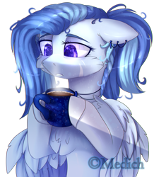 Size: 2285x2616 | Tagged: safe, artist:mediasmile666, oc, oc only, pegasus, pony, bust, ear piercing, earring, female, floppy ears, high res, hoof hold, jewelry, mare, mug, piercing, simple background, solo, transparent background