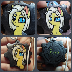 Size: 1250x1250 | Tagged: safe, artist:megabait, pony, fallout equestria, craft, fallout, female, handmade, keychain, mare, solo, wood