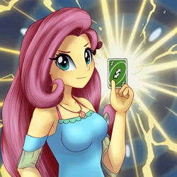 Size: 1598x1599 | Tagged: safe, artist:astevenamedwolf, fluttershy, equestria girls, g4, my little pony equestria girls: better together, breasts, busty fluttershy, card, clothes, dress, fluttershy boho dress, geode of fauna, looking at you, magical geodes, playing card, reaction image, solo, uno, uno reverse card