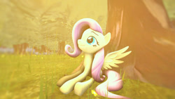 Size: 1280x720 | Tagged: safe, artist:cyberothedge, fluttershy, pegasus, pony, g4, 3d, forest, sitting, solo, source filmmaker, sunlight, tree