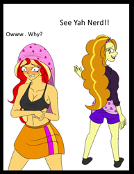 Size: 1488x1925 | Tagged: safe, artist:diaperednight, adagio dazzle, sunset shimmer, equestria girls, g4, atomic wedgie, black underwear, blushing, bra, breasts, busty sunset shimmer, cleavage, clothes, embarrassed, embarrassed underwear exposure, heart, heart print underwear, pink underwear, underwear, wedgie