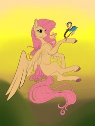 Size: 3072x4096 | Tagged: safe, artist:unfinishedheckery, discord, fluttershy, draconequus, pegasus, pony, g4, digital art, duo, female, flying, high res, male, mare, micro, missing cutie mark, spread wings, tail, unshorn fetlocks, wings