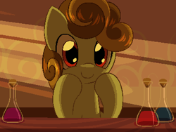 Size: 800x600 | Tagged: safe, artist:rangelost, oc, oc only, pony, cyoa:d20 pony, evening, female, flask, indoors, looking at you, mare, pixel art, potion, solo