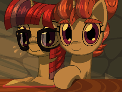 Size: 800x600 | Tagged: safe, artist:rangelost, moondancer, morning roast, pony, unicorn, cyoa:d20 pony, g4, book, duo, female, glasses, looking at you, mare, pixel art, siblings, sisters, sitting