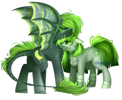 Size: 2702x2220 | Tagged: safe, artist:mediasmile666, oc, oc only, earth pony, original species, pony, bat wings, duo, female, floppy ears, high res, leonine tail, male, mare, nuzzling, simple background, stallion, transparent background, wings