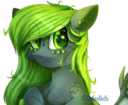 Size: 2696x2225 | Tagged: safe, artist:mediasmile666, oc, oc only, pony, bat wings, bust, ear piercing, female, high res, mare, piercing, smiling, solo, wings