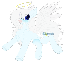 Size: 2303x2203 | Tagged: safe, artist:mediasmile666, oc, oc only, pegasus, pony, freckles, halo, high res, looking at you, red nosed, simple background, smiling, solo, spread wings, transparent background, wings