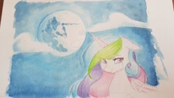 Size: 1008x567 | Tagged: safe, artist:magiak416, princess celestia, alicorn, pony, g4, cloud, crying, female, floppy ears, mare, mare in the moon, moon, sad, sadlestia, solo, teary eyes, traditional art, watercolor painting
