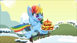 Size: 1920x1080 | Tagged: safe, screencap, rainbow dash, pegasus, pony, g4.5, ice and slice, my little pony: stop motion short, cake, female, flying, food, mare, solo, stop motion