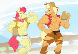 Size: 5340x3720 | Tagged: safe, artist:ponyanony, apple bloom, applejack, earth pony, anthro, comic:that hard cider feeling, g4, abs, absurd resolution, apple brawn, applebuck, applejack (male), applejacked, biceps, clothes, female to male, flexing, grin, himbo, himbo applebuck, himboification, implied transgender transformation, male, muscles, muscular male, overdeveloped muscles, partial nudity, pecs, rule 63, smiling, topless, torn clothes, wardrobe malfunction