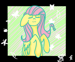 Size: 1800x1500 | Tagged: safe, artist:twistare, fluttershy, butterfly, pegasus, pony, g4, :3, abstract background, eyes closed, female, floppy ears, mare, solo