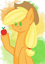Size: 350x500 | Tagged: safe, artist:twistare, applejack, earth pony, pony, g4, abstract background, apple, dot eyes, female, food, mare, solo