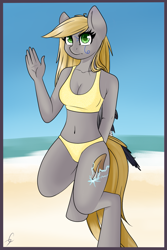 Size: 945x1413 | Tagged: safe, artist:twistare, oc, oc only, oc:kaajuss, pegasus, anthro, unguligrade anthro, beach, belly button, breasts, cleavage, clothes, female, mare, midriff, solo, swimsuit, tankini, waving