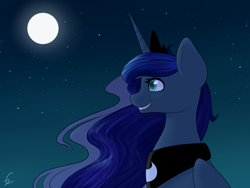 Size: 1600x1200 | Tagged: safe, artist:twistare, princess luna, alicorn, pony, g4, female, mare, moon, night, profile, smiling, solo