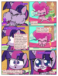 Size: 612x802 | Tagged: safe, artist:newbiespud, artist:winged cat, edit, edited screencap, screencap, pinkie pie, twilight sparkle, alicorn, earth pony, pony, comic:friendship is dragons, g4.5, my little pony: pony life, princess probz, :d, bipedal, collaboration, comic, confused, dialogue, eyelashes, eyes closed, female, horn, mare, open mouth, potion, screencap comic, twilight sparkle (alicorn), wings