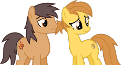Size: 1260x677 | Tagged: safe, artist:pegasski, artist:ponybasesrus, oc, oc only, oc:anna autumn, earth pony, pony, fallout equestria, g4, base used, duo, earth pony oc, enclave, female, frown, looking back, male, mare, simple background, stallion, transparent background