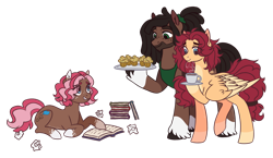 Size: 1600x925 | Tagged: safe, artist:lynesssan, oc, oc only, oc:ginger bread, oc:heather, oc:jamie dodger, earth pony, pegasus, pony, coffee, female, food, lying down, male, mare, muffin, prone, simple background, stallion, transparent background