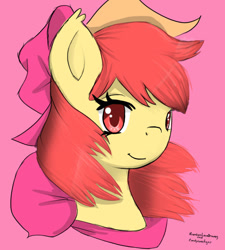 Size: 767x851 | Tagged: safe, artist:candycanetiger, artist:karneliankallie, apple bloom, earth pony, pony, g4, bust, collaboration, female, mare, pink background, simple background, solo