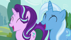 Size: 1920x1080 | Tagged: safe, screencap, starlight glimmer, trixie, pony, unicorn, g4, no second prances, duo, duo female, eyes closed, female, laughing, mare, open mouth