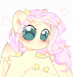 Size: 883x932 | Tagged: safe, artist:just_gray-x, fluttershy, bird, butterfly, pegasus, semi-anthro, g4, blushing, chick, heart eyes, shoulder fluff, solo, starry eyes, that pony sure does love animals, wingding eyes