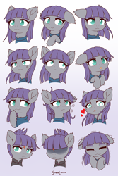 Size: 2800x4200 | Tagged: safe, artist:symbianl, maud pie, earth pony, pony, g4, :3, :<, :p, :t, alternate hairstyle, alternate timeline, apocalypse maud, blushing, bust, cheek fluff, cross-popping veins, crystal war timeline, cute, ear fluff, expressions, female, floppy ears, fluffy, gradient background, heart, heart eyes, high res, hoof fluff, looking at you, mare, maudabetes, neck fluff, no pupils, scar, shadowed face, smiling, solo, sticker pack, teary eyes, telegram sticker, tongue out, wavy mouth, when she smiles, wingding eyes