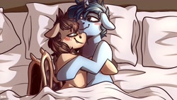 Size: 3555x2000 | Tagged: safe, artist:lrusu, oc, oc only, oc:slumber tea, oc:tesseract, bat pony, pony, unicorn, bat pony oc, bed, blushing, commission, couple, cuddling, cuddling in bed, cute, female, floppy ears, freckles, high res, horn, hug, in bed, looking at each other, looking at someone, male, oc x oc, pillow, shipping, slumberact, straight, unicorn oc