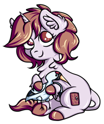 Size: 2107x2523 | Tagged: safe, artist:coco-drillo, oc, oc only, oc:dorm pony, bird, crane (animal), pony, unicorn, chest fluff, chibi, ear fluff, high res, looking at you, plushie, simple background, sitting, solo, transparent background