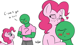 Size: 3435x2048 | Tagged: safe, artist:datzigga, pinkie pie, oc, oc:anon, earth pony, human, pony, g4, blushing, eyes closed, high res, kiss on the head