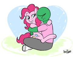 Size: 2732x2048 | Tagged: safe, artist:datzigga, pinkie pie, oc, oc:anon, earth pony, human, pony, g4, duo, friendshipping, frog (hoof), grin, high res, hug, human on pony snuggling, smiling, snuggling, underhoof