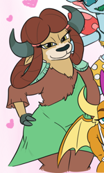 Size: 374x625 | Tagged: safe, artist:jargon scott, edit, ocellus, smolder, yona, changedling, changeling, dragon, yak, anthro, g4, bedroom eyes, bipedal, chest fluff, chubby, cropped, fat yona, hand on hip, solo focus