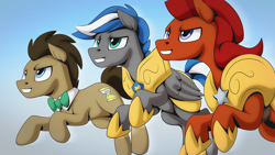 Size: 2560x1440 | Tagged: safe, artist:mysticalpha, doctor whooves, time turner, oc, oc:captain sunride, oc:cloud zapper, earth pony, pegasus, pony, g4, armor, doctor who, male, pegasus oc, royal guard, royal guard armor, royal guard oc, stallion, the doctor