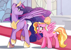 Size: 3541x2508 | Tagged: safe, artist:ali-selle, luster dawn, twilight sparkle, alicorn, pony, g4, the last problem, alicornified, crown, future, high res, jewelry, lustercorn, older, older twilight, older twilight sparkle (alicorn), palace, princess, princess twilight 2.0, regalia, royalty, smiling, twilight sparkle (alicorn), wings, worried