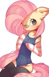 Size: 431x676 | Tagged: safe, artist:cyzarinefredek, fluttershy, pegasus, semi-anthro, g4, 2016, arm hooves, arm warmers, bandage, bipedal, blushing, clothes, digital art, evening gloves, female, gloves, long gloves, looking at you, one eye closed, one-piece swimsuit, pink mane, pink tail, simple background, sitting, socks, solo, swimsuit, teal eyes, thigh highs, topwear, white background, wings, wink