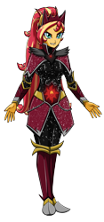 Size: 1488x3192 | Tagged: safe, artist:artemis-polara, sunset shimmer, equestria girls, g4, alternate hairstyle, armor, crown, gauntlet, greaves, human sunset, jewelry, magical geodes, ponied up, pony ears, regalia, simple background, solo, super ponied up, transparent background
