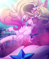 Size: 2236x2683 | Tagged: safe, artist:skylacuna, oc, oc only, alicorn, hybrid, merpony, original species, pony, bubble, commission, coral, female, flowing mane, high res, hoof shoes, horn, long mane, ocean, open mouth, reef, seaweed, smiling, solo, sparkles, underwater, water, wings