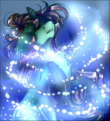 Size: 1445x1589 | Tagged: safe, artist:sketchytwi, oc, oc only, pony, unicorn, bubble, eyes closed, flowing mane, flowing tail, glowing, horn, looking up, magic, ocean, signature, solo, underwater, water